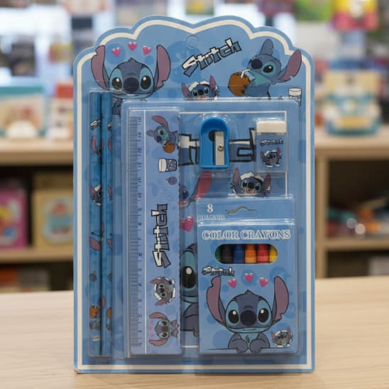 Kit Escolar Criativo Stitch Azul 7 Itens Caderno Desenho Giz de Cera Apontador 2 Lapis e Borracha