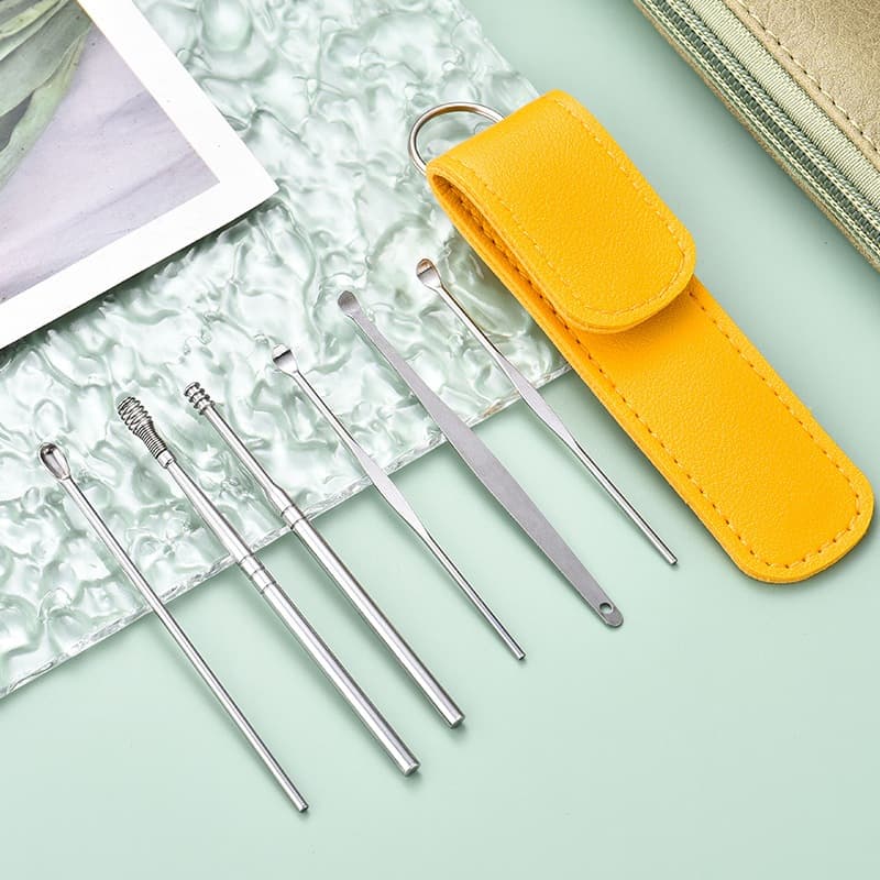 Colher de Remoção de Cera de Ouvido (6 Peças) - Aço Inoxidável, Portátil e Prático para Viagem