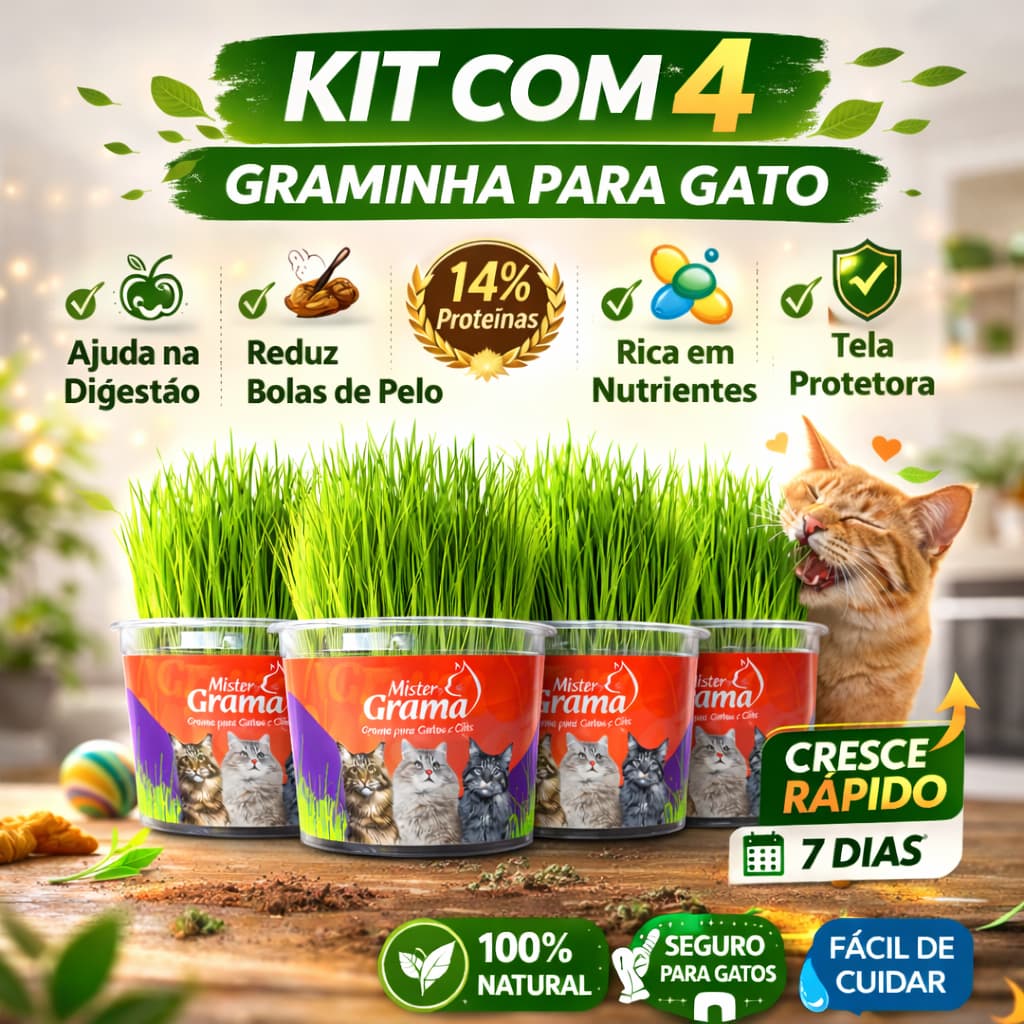 Grama Para Gato Mister C/ 4 Unidades – Auxilia na Digestão e Bola de Pelo / Fácil de Plantar