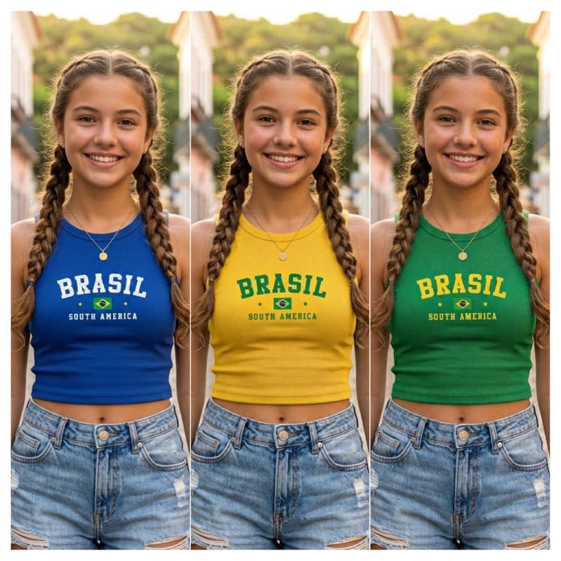 Blusa Regata cropped Juvenil blusinha infantil menina Ribana Brasil Copa do mundo seleção