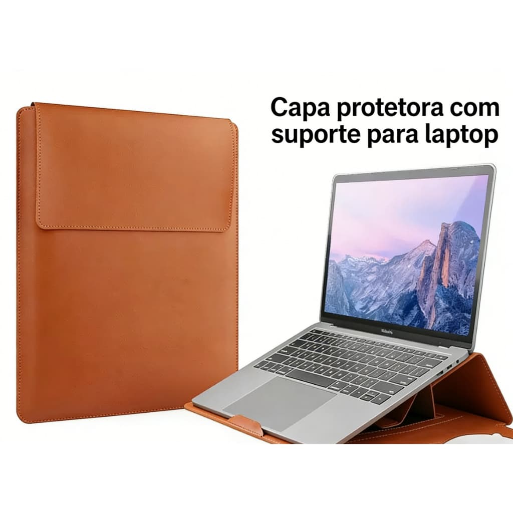 Bolsa para Laptop Macbook Air M2 Resistente de Couro PU 13 a 16 Polegadas com Suporte Ergonômico e Bolso para Acessório