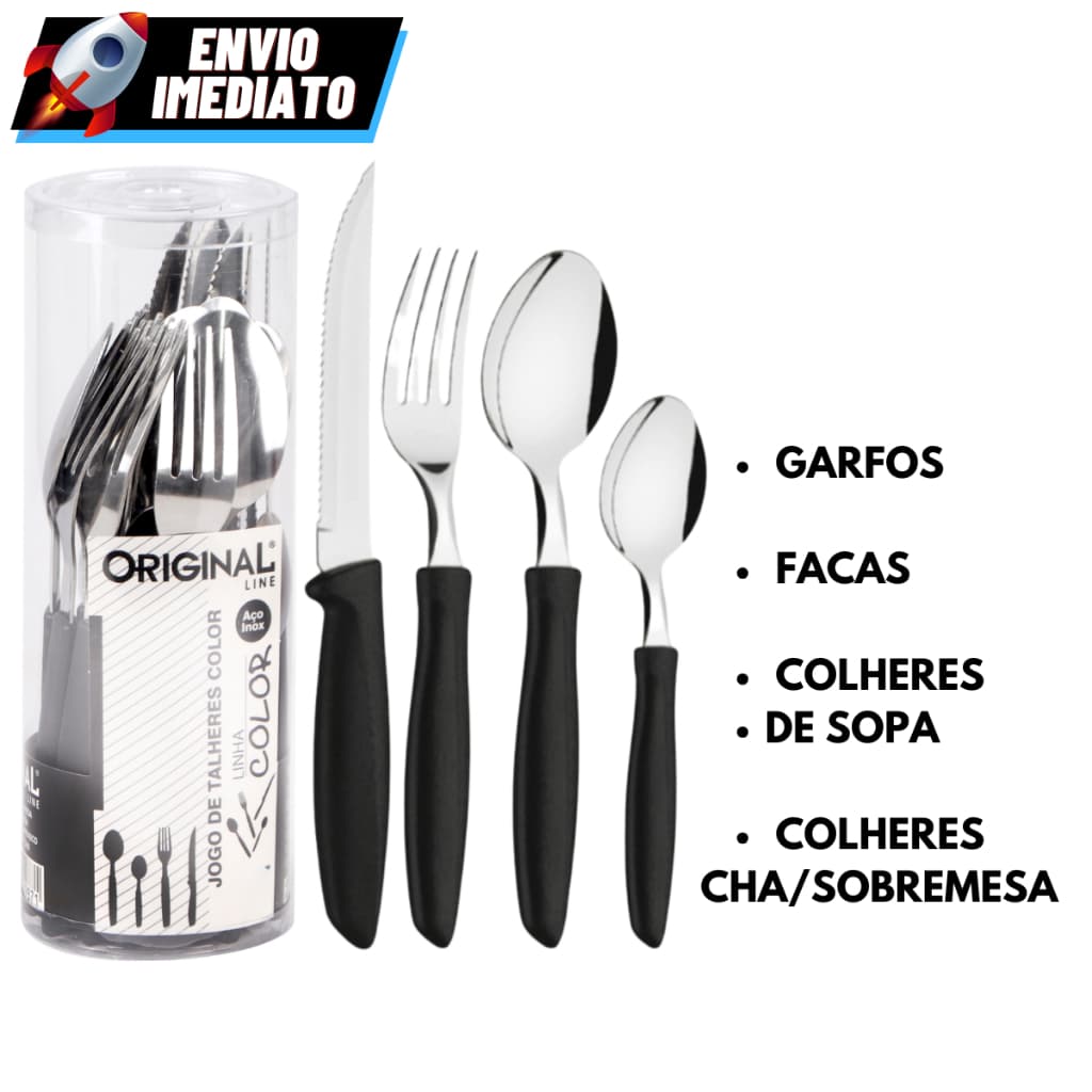 Kit 16/24/48 Talheres Preto Inox Premium Cabo Plástico Faca  Garfo  Colher Colher Sobremesa/Cha