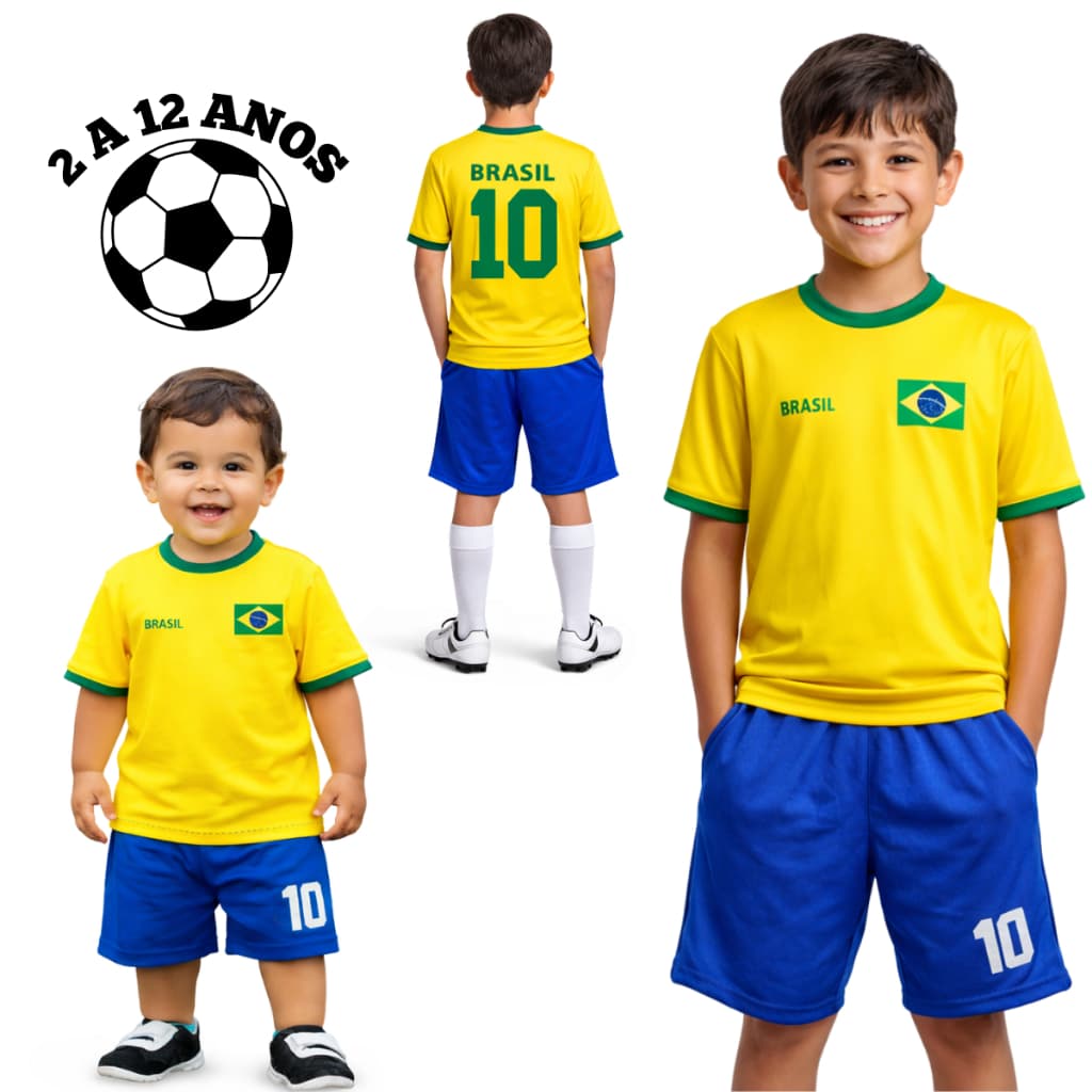 Conjunto Infantil do Brasil Camiseta + Bermuda Uniforme Copa
