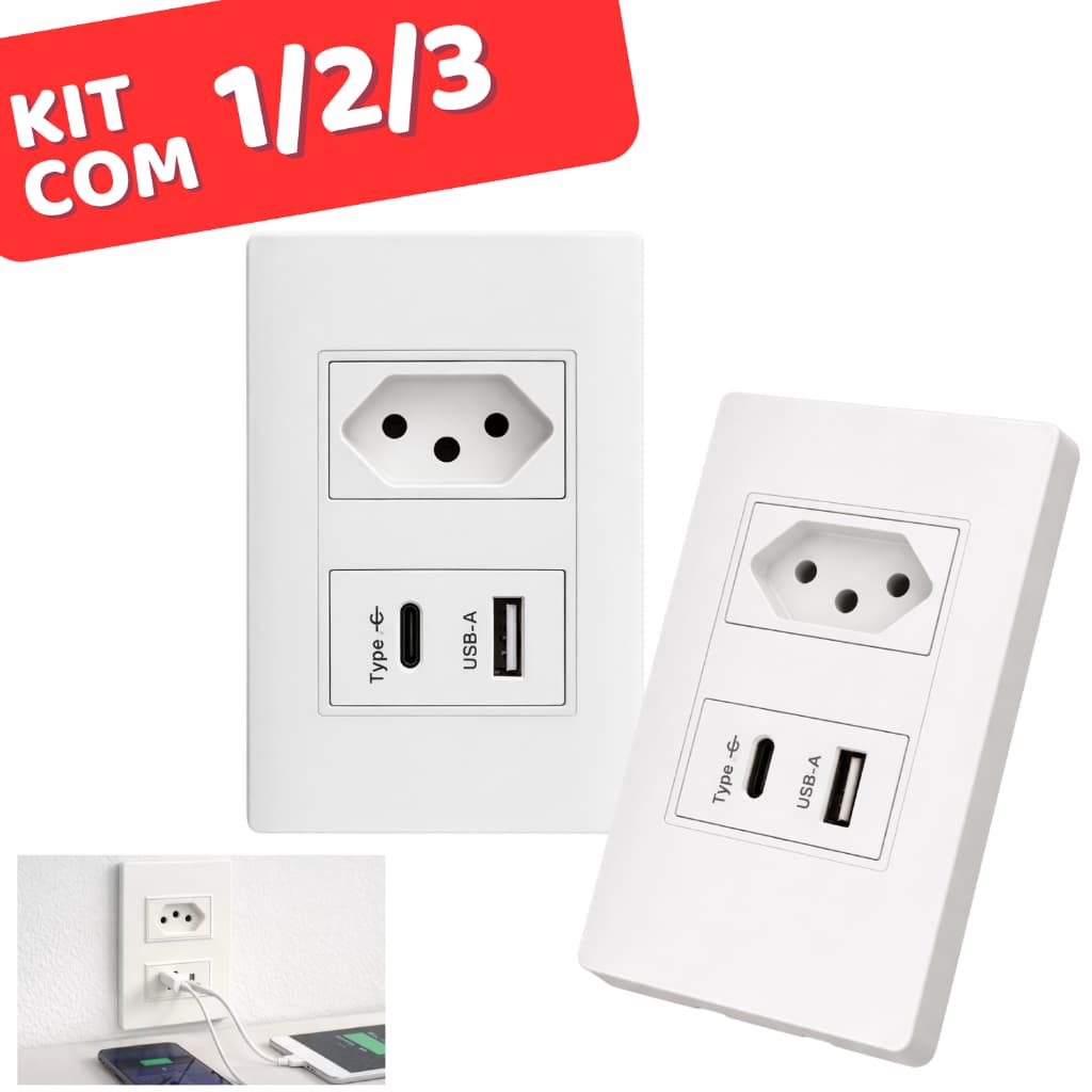 Kit 1/2/3 Tomada de Parede Dupla Com Entrada Usb e tipo C 5V Bivolt 3 em 1 Carregamento Rápido Multi