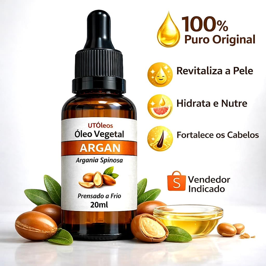Óleo Vegetal de Argan 100% Puro 20ml Vidro Reduz Frizz