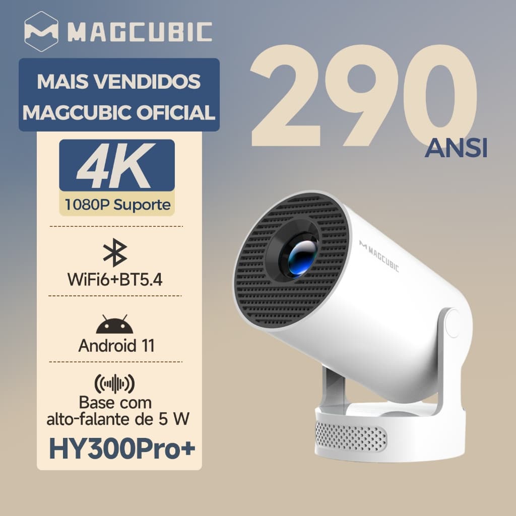 HY300 Projetor Portátil Android 11 WiFi6 290ANSI 4K 1080P Suporte Giratório 180° BT5.4
