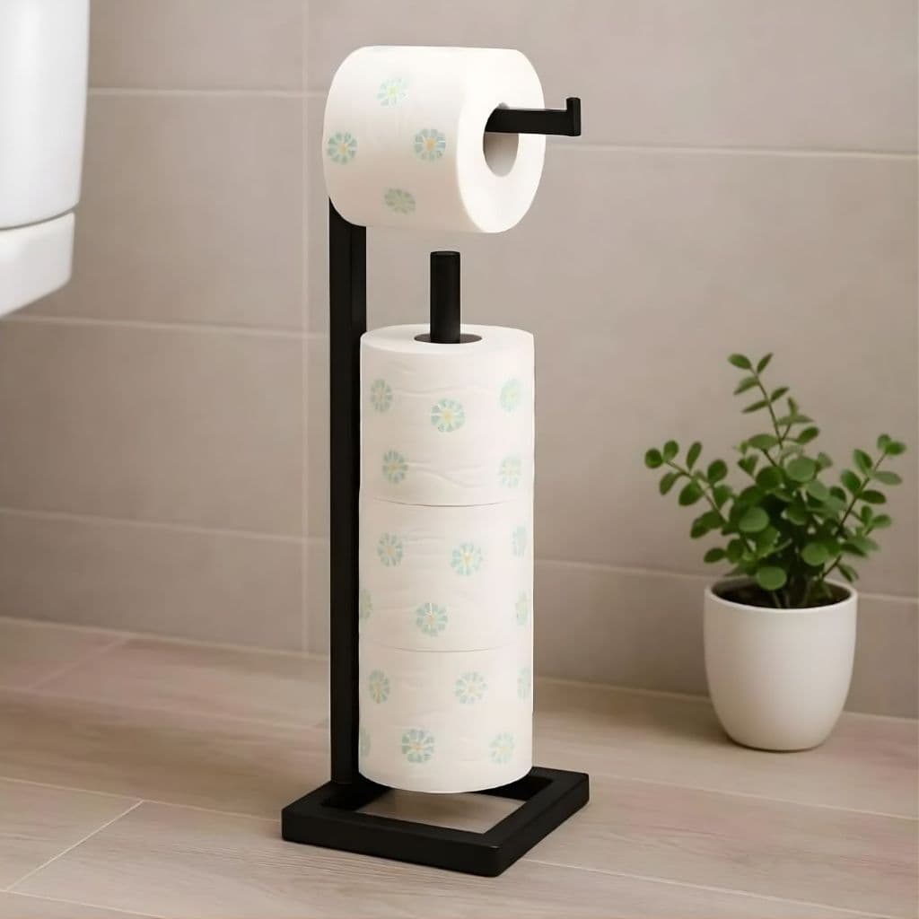 Suporte Porta Papel Higiênico Para Chão Duplo 4 Rolos Preto Fosco