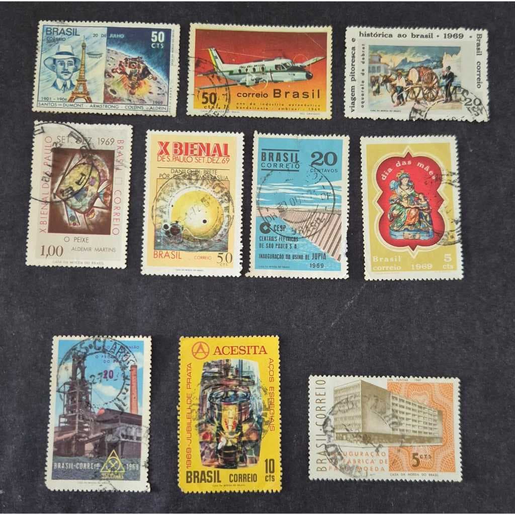 Lote com 10 selos usados dos correios, só os maiores de 1969. Linda coleção - Filatelia