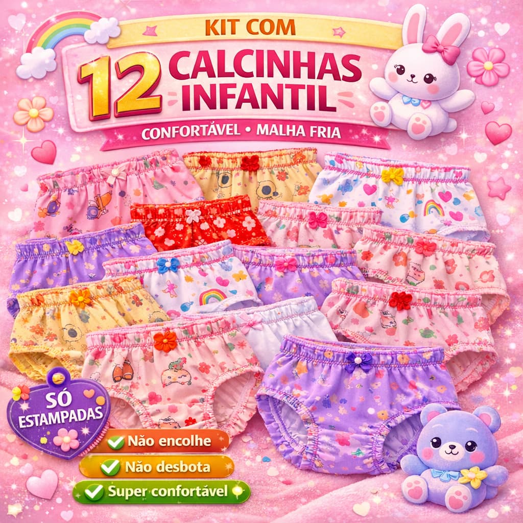 🌸 Kit 12 Calçolinhas Infantil Estampadas Bebê Menina Confortável Macia Não Encolhe Não Desbota