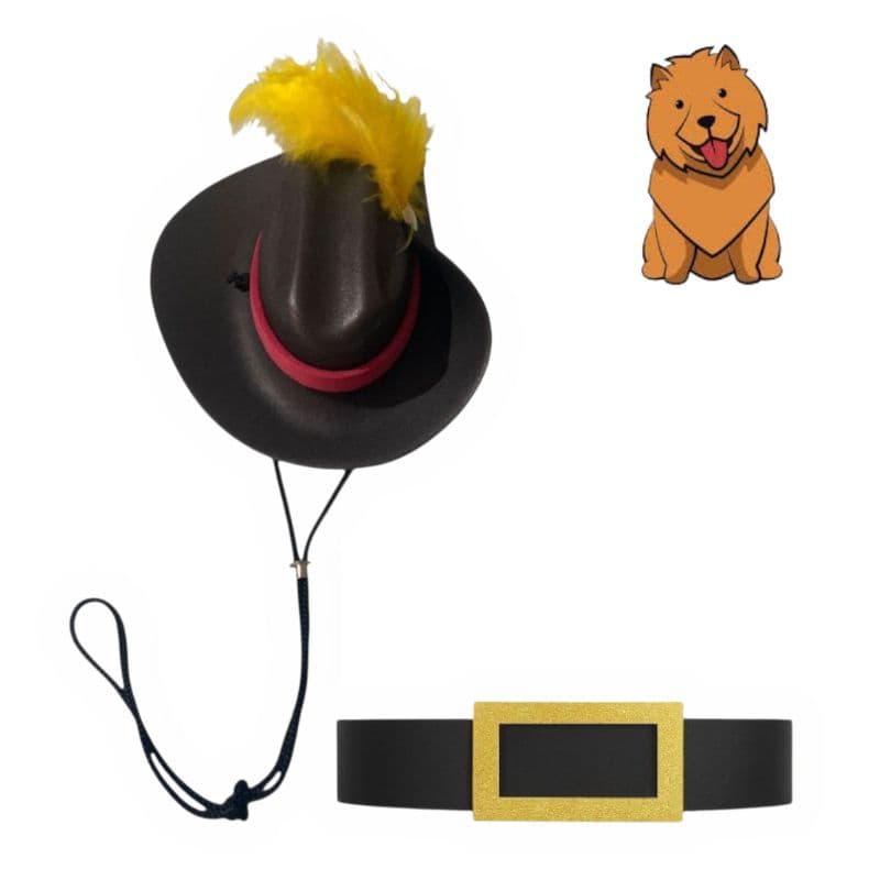 Kit Chapéu e Cinto Gato de Botas para Pets Cães e Gatos Ajustável em EVA Fantasia Pet