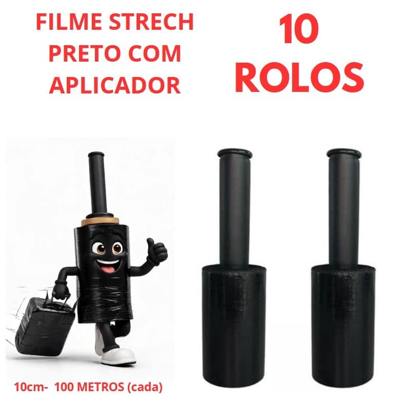 Filme Stretch PRETO 10 ROLOS C/ Cabo Adaptador (10cm) 100 Metros (cada)