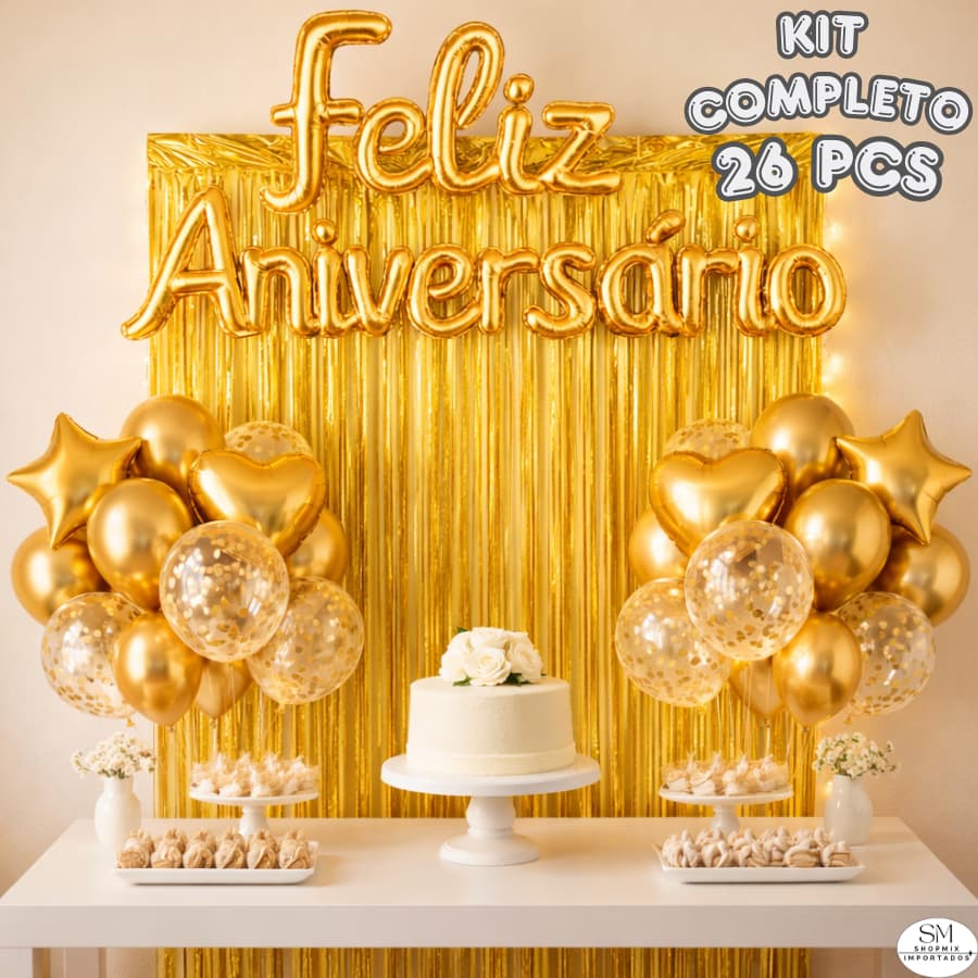 Kit Balão Metalizado Cortina Bexiga Feliz Aniversário Decoração de Festa Completa Coração Estrela