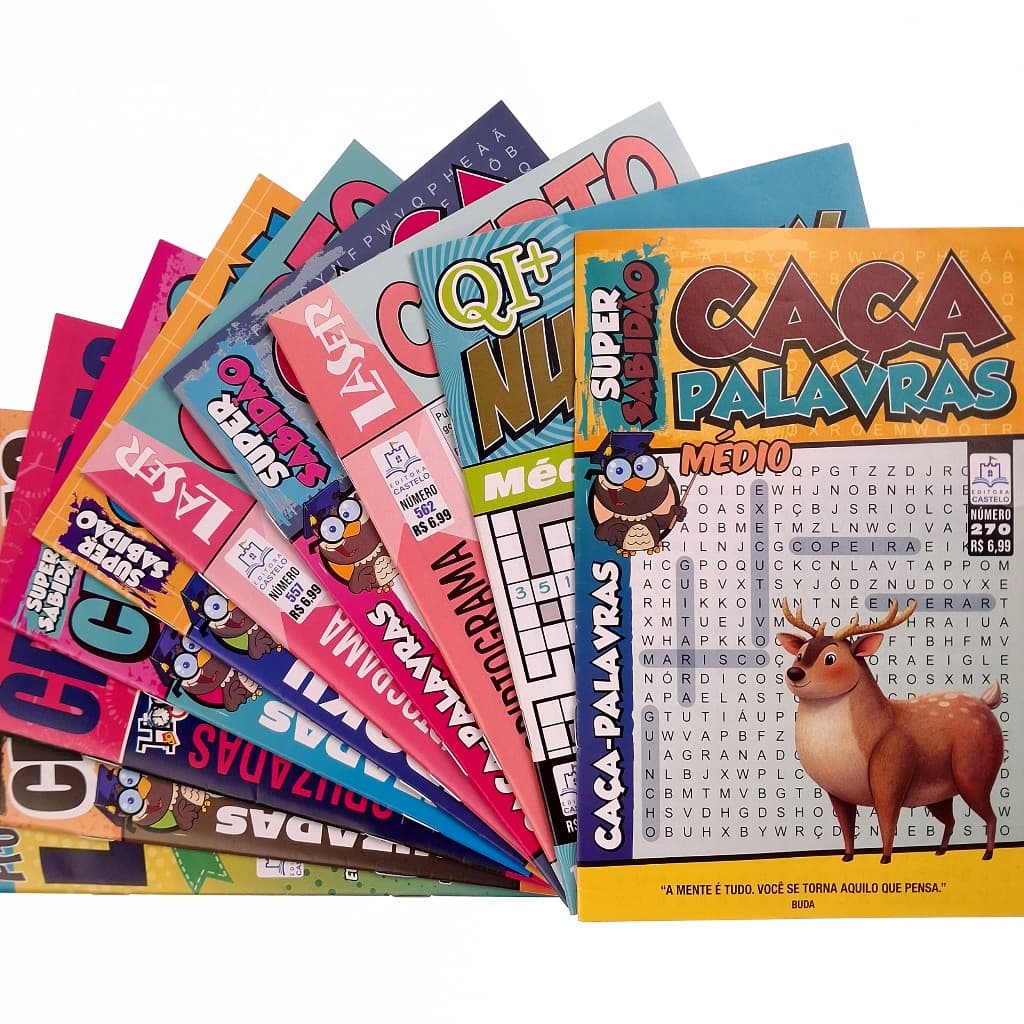 Kit 10 Revistas Sortidas Passatempos com Cruzadinha Caça-palavras Cripto Numerix Sudoku Letrix