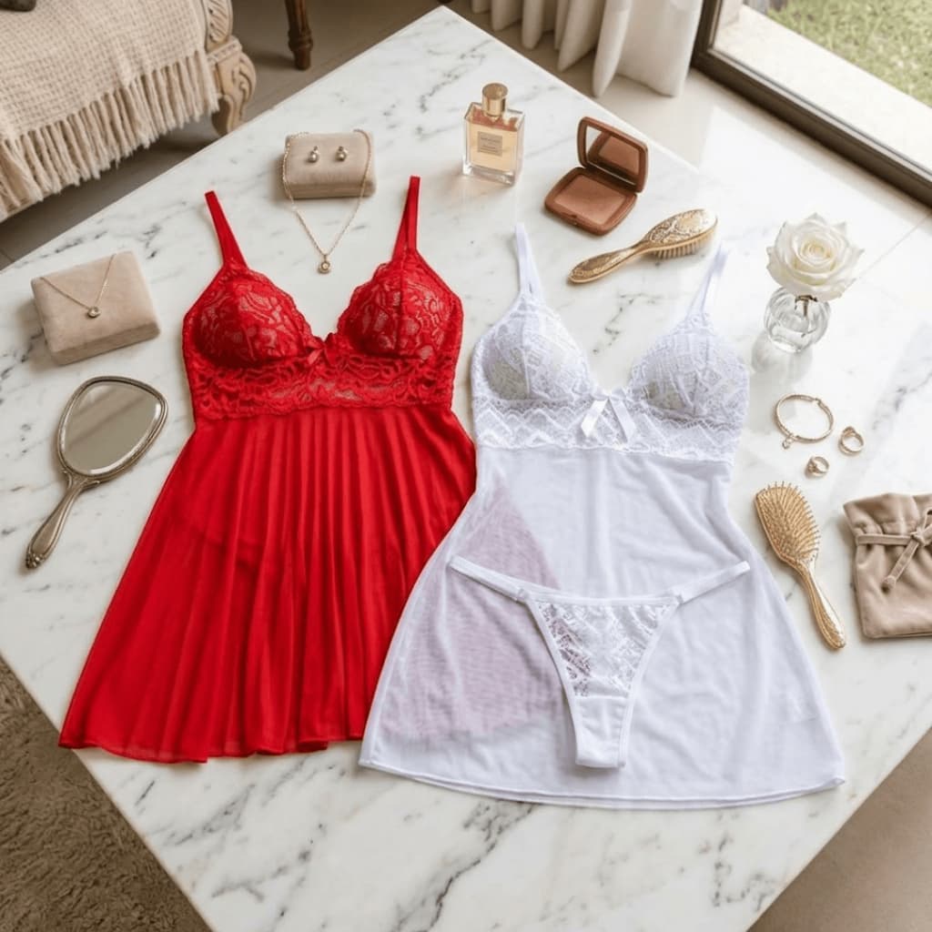 Kit 2 Lingerie Feminina Sensual Renda Transparente com Calcinha Confortável Conjunto Romântico Chic