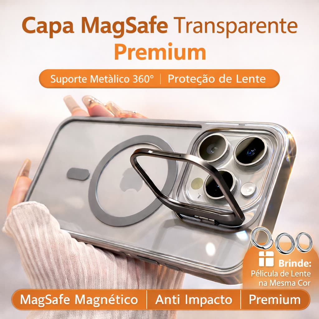 Capa iPhone 11 12 13 14 15 16 17 Pro Max MagSafe Translúcida Luxo com Suporte e Lente Metálica