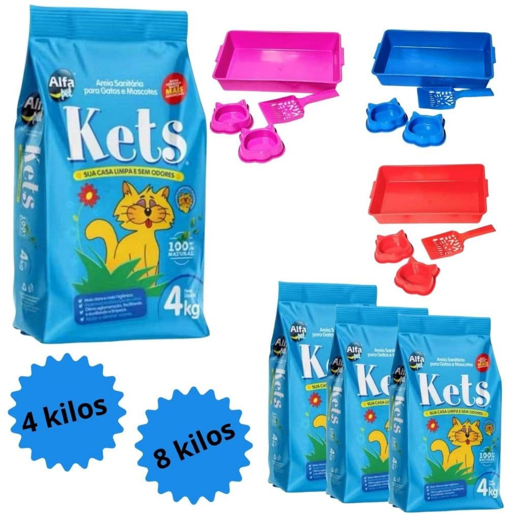 Kit Areia Kets 4Kg 8kg + Caixa de Areia para gatos + comedouro + bebedouro + pazinha