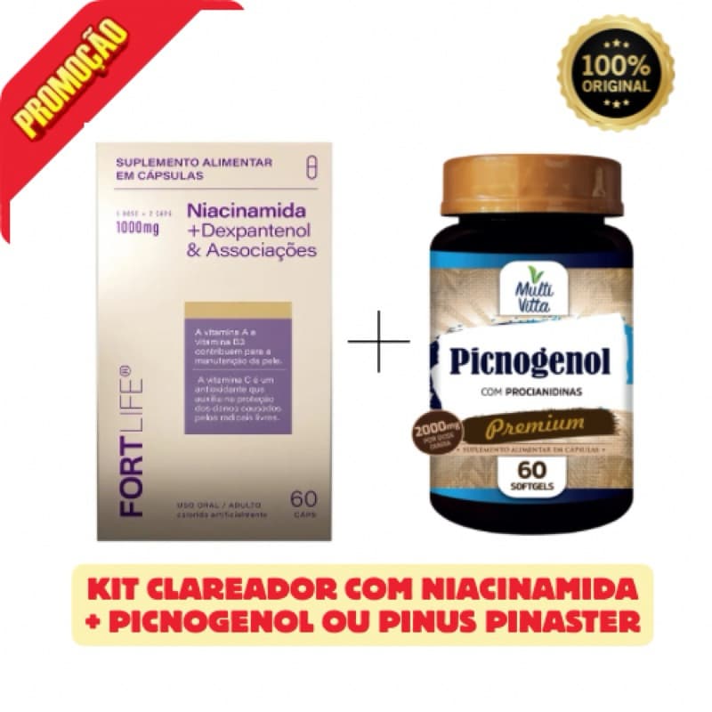 KIT CLAREADOR PARA PELE 60 CÁPSULAS NIACINAMIDA 1000mg + PINUS PINASTER ou PICNOGENOL 500mg