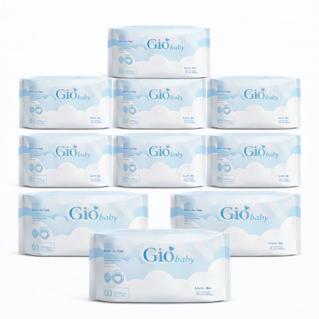Kit 10 Pacotes de Toalhas Umedecidas GIO BABY 100 Folhas 19x13 cm - Vegano - 98% Água