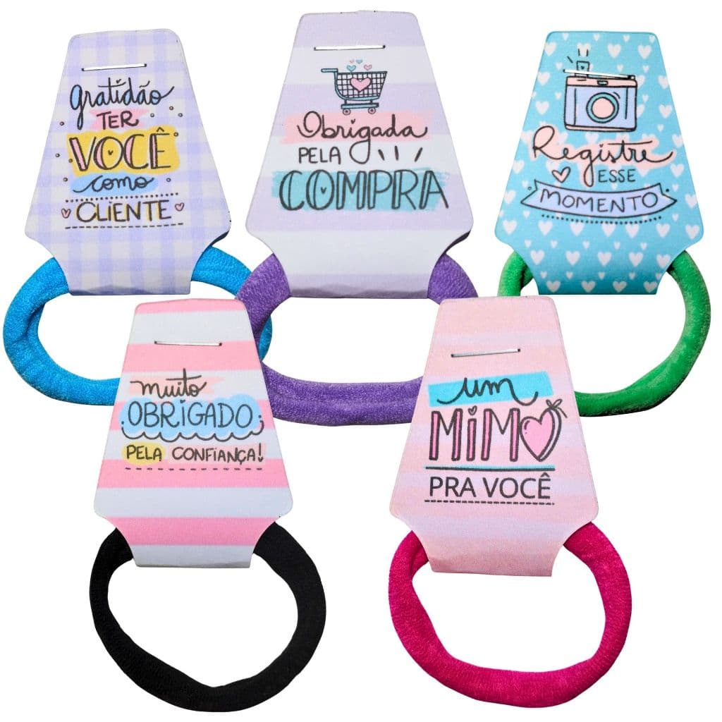 50 amarradores de cabelo com tag com frase Brinde para Cliente | Mimo para Pedido | Tag Obrigado pela Compra xuxinha