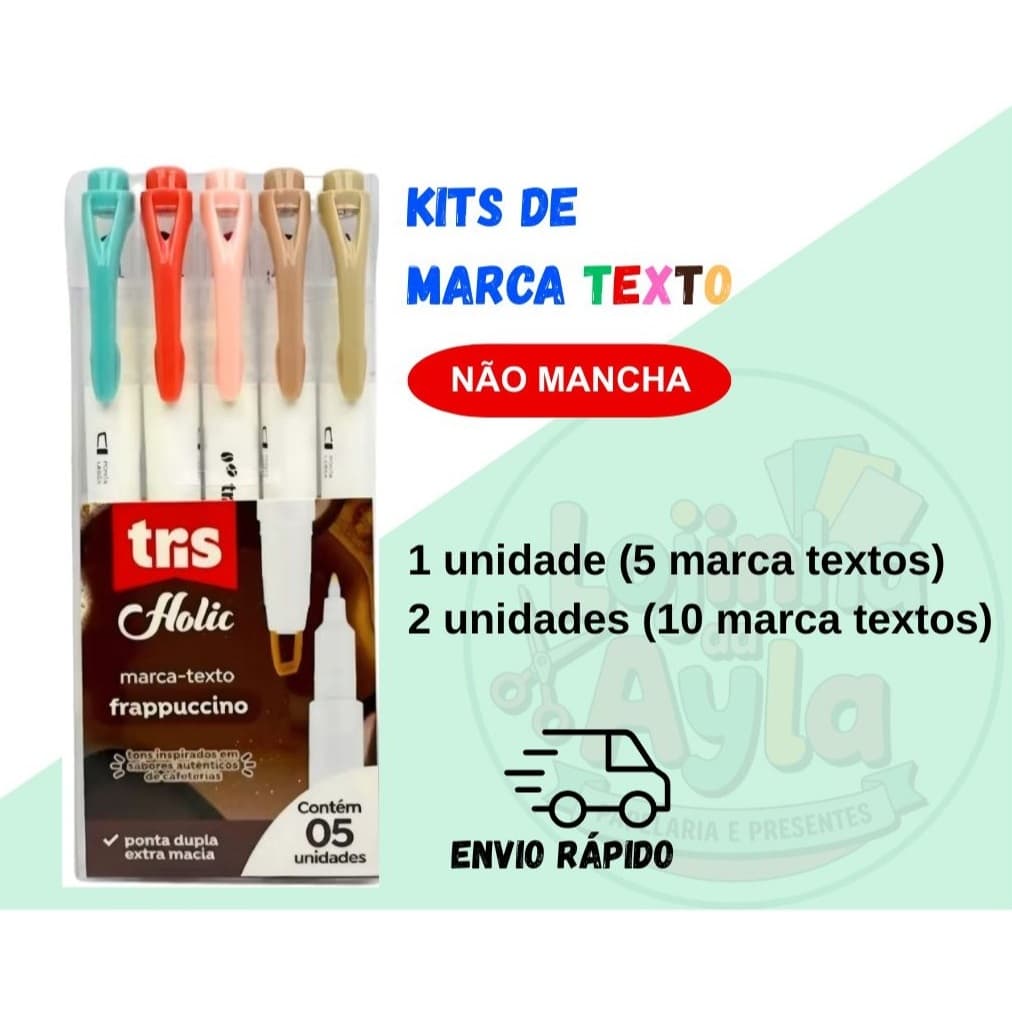 KIT MARCA TEXTO 5 CORES TRIS HOLIC FRAPPUCCINO PONTA DUPLA MACIA CORES CLARO TONS CAFÉ PASTEL