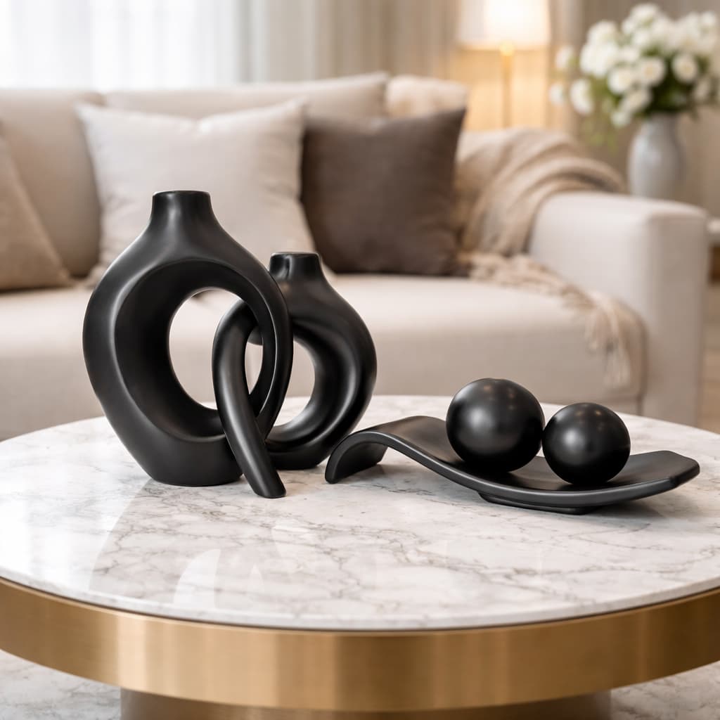 Kit Decorativo em Cerâmica Rampa com Esferas + Vasos Mônaco Modernos