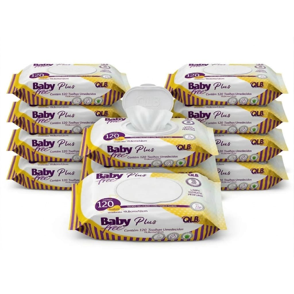 Caixa com 10 Lenços/Toalhas Umedecidas Baby Free Plus c/ 120 Unidades Cada – Tampa FlipTop