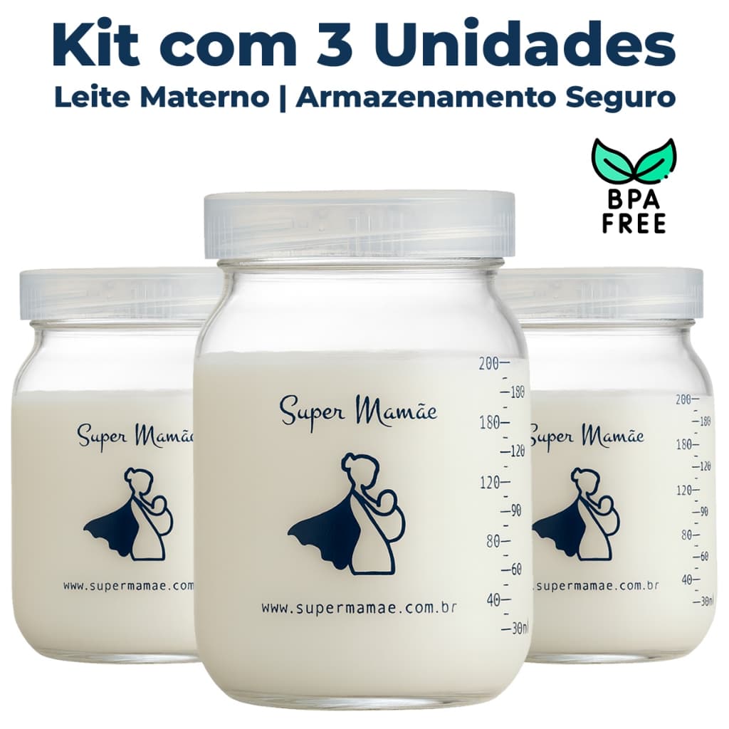 Kit 3 Potes Leite Materno 200ml Vidro BPA Free Armazenar Congelar Amamentação