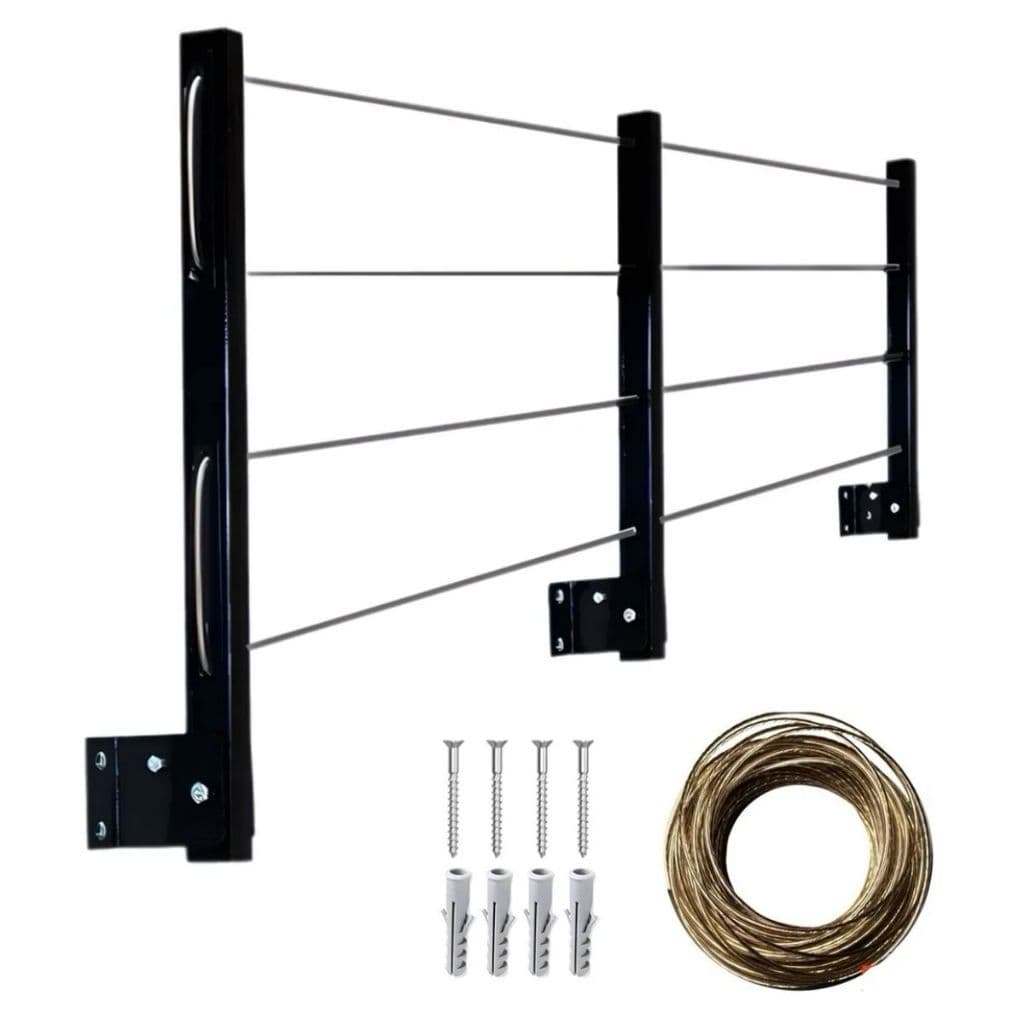 Varal Retrátil de Parede Roupas Articulado Ferro Preto 20 Metros Corda Aço Kit Instalação Resistente