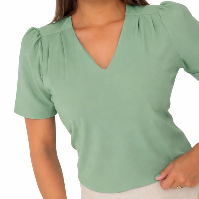 Blusa Feminina Gola V Crepe Manga Curta  Social Moderna Moda Evangélica