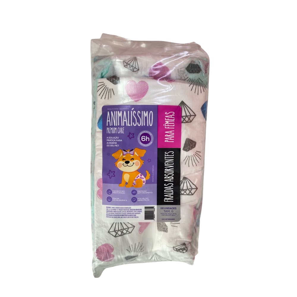 Fralda Descartável Tam G 6 Un Higiênica Hipoalergenica Fita Velcro e Proteção Anti Vazamento Cães Femeas Animalissimo