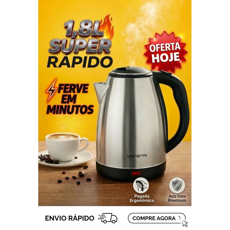 Chaleira Elétrica Inox 1.8L Jarra 1200W Água Quente Rápida 110V