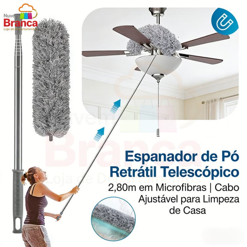 Espanador de Pó Retrátil Telescópico 2,80m em Microfibras | Cabo Ajustável para Limpeza de Casa