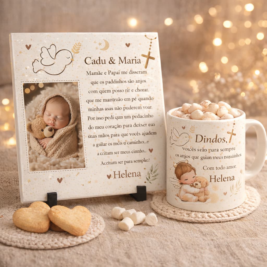 Kit Convite Dindos e Dindas Personalizado Azulejo + Caneca Porcelana | Presente | Padrinho, Madrinha