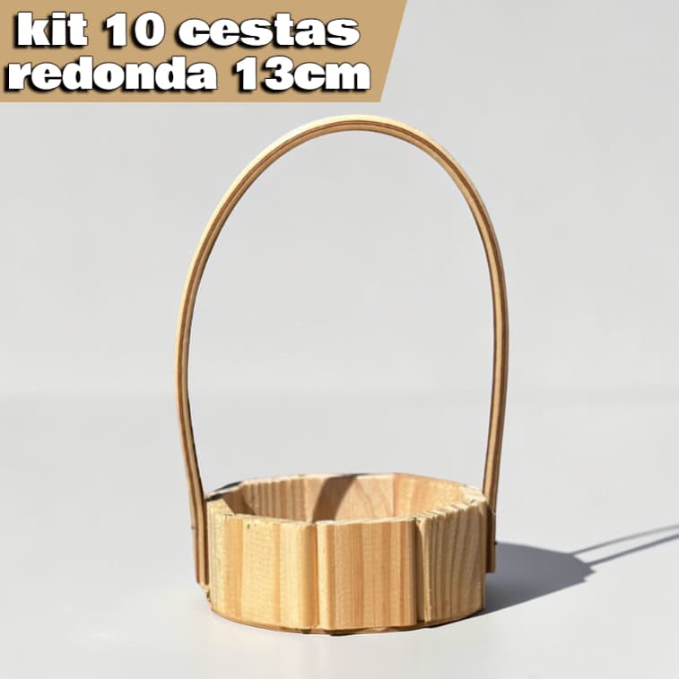 Kit com 10 Cestas Redonda de Madeira 13cm com Alça – Fraldeira Artesanal para Presentes,Dia dos pais