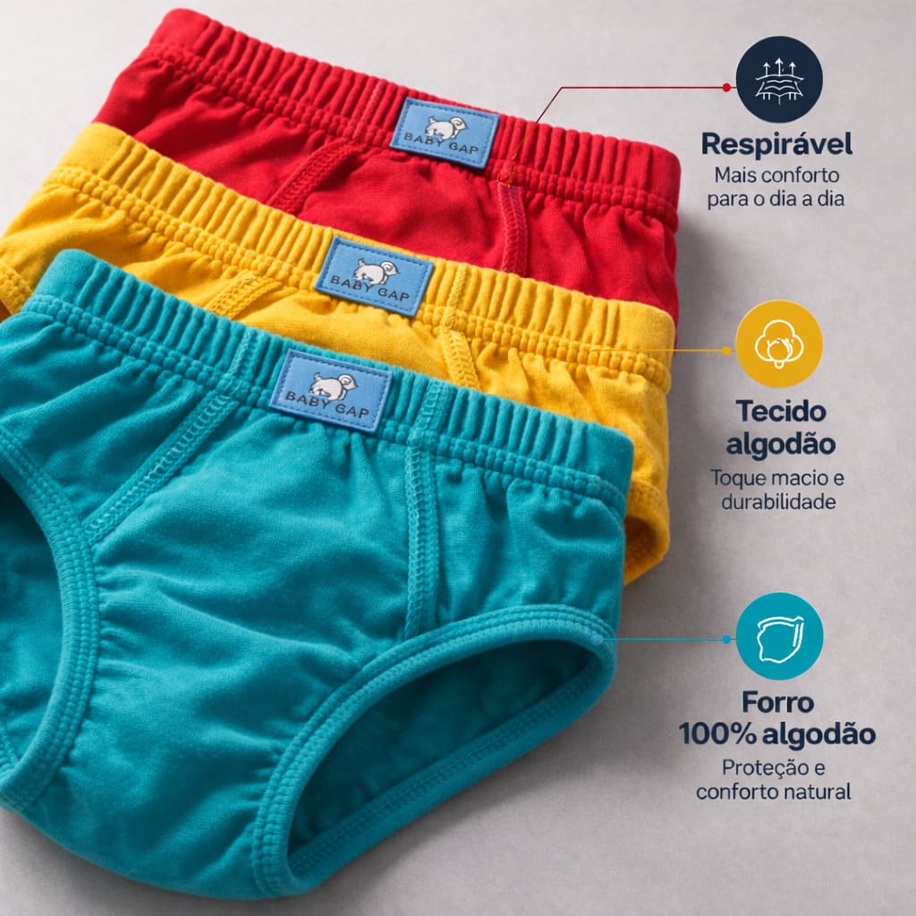 Cueca Infantil Algodão Menino Slip com forro Conforto Kit 10-5 cuecas 100% algodão Lisas P M G GG