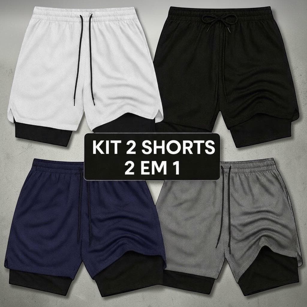 Kit 2 Shorts Masculinos 2 em 1 Com Elastano Secagem Rápida Para Academia e Treino