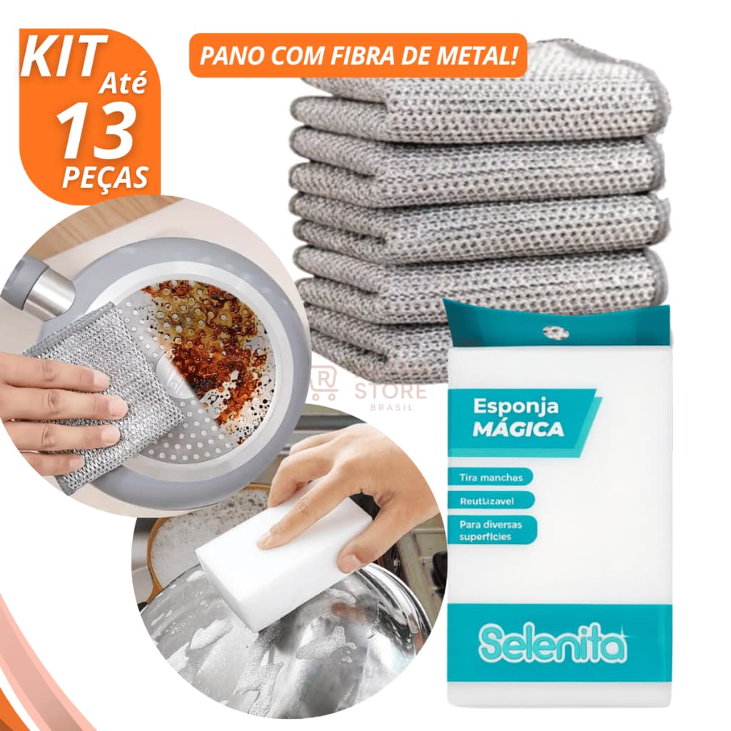Kit Pano de Fibra em Aço Inox + Esponja Mágica Fogão Cozinha Arear Panelas Lavar Louça Multiuso