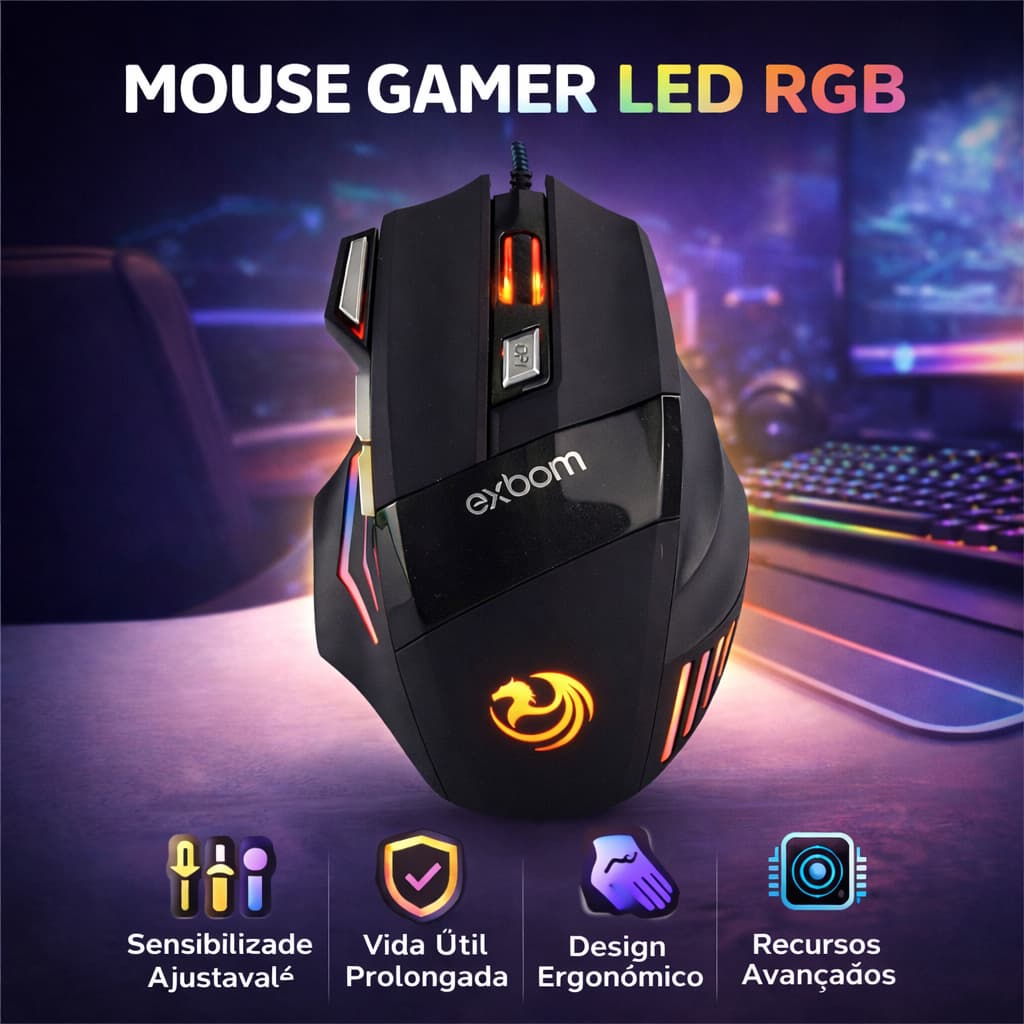 Mouse Gamer LED RGB 7 Botoes 3200 DPI Alta Precisao Iluminado USB Jogos PC Notebook