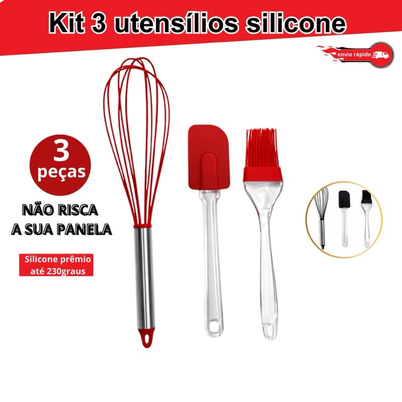 kit 3 Utensílios Batedor Espátula e Pincel de Silicone Premium Uso Culinário Para Cozinha