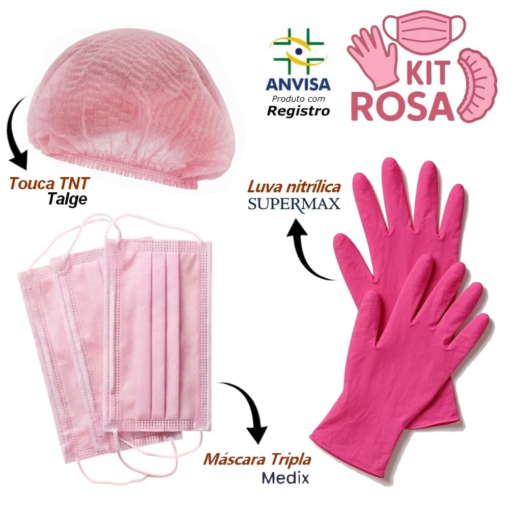 Kit Luva Nitrílica + Touca + Mascara Rosa TNT Descartável com ANVISA