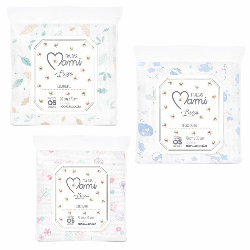 Kit 5 Fraldas Mami Papi 70x70cm Estampada Sem Bainha 100% Algodão Bebê