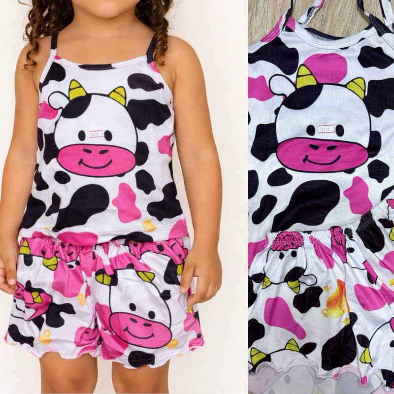 Pijama Infantil Menina Personagens Stitch, vaquinha Babydoll Sued Premium
