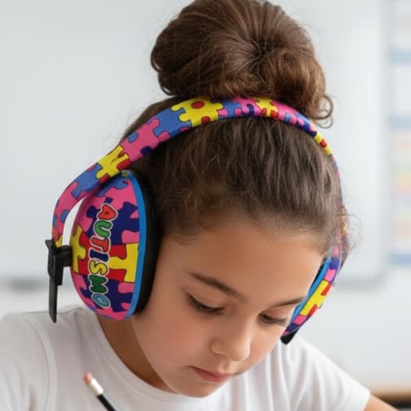 Abafador de Ruídos Protetor Infantil Estampa de Quebra-Cabeça Autismo para Criança Plástico e Rosa