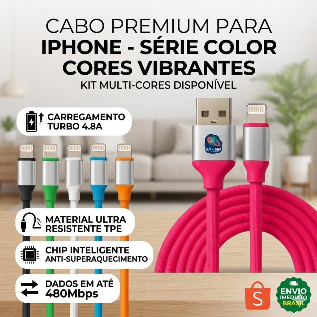 Cabo Carregador Lightning Turbo 1.2M Colorido Emborrachado Reforçado Celular iPhone 11 12 13 14 15