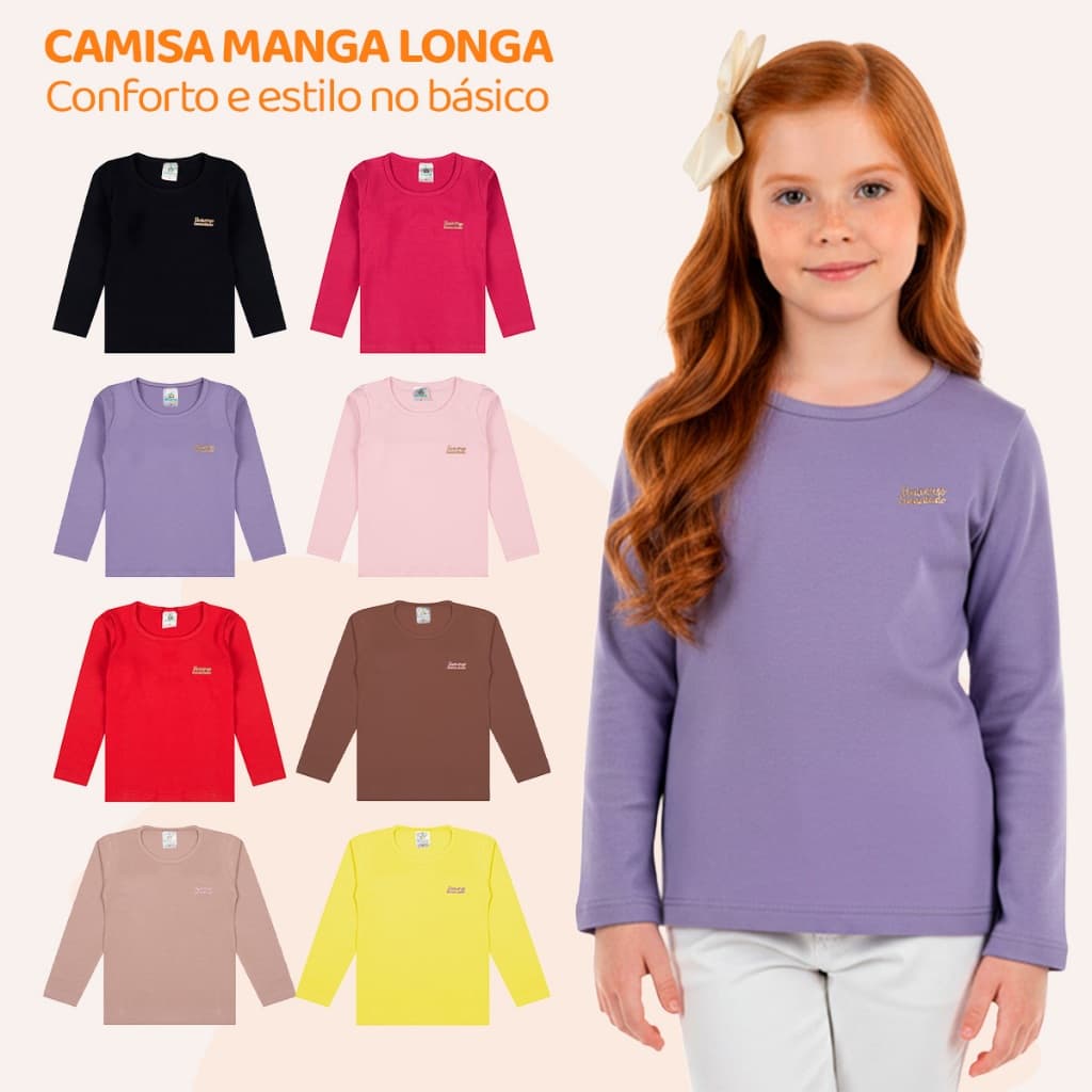 Kit 3 Blusas Manga Longa Infantil Menina Algodão Lisa