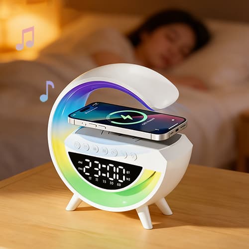Caixa de Som Bluetooth Multifuncional com Carregador por Indução e Luz Ambiente Integrada