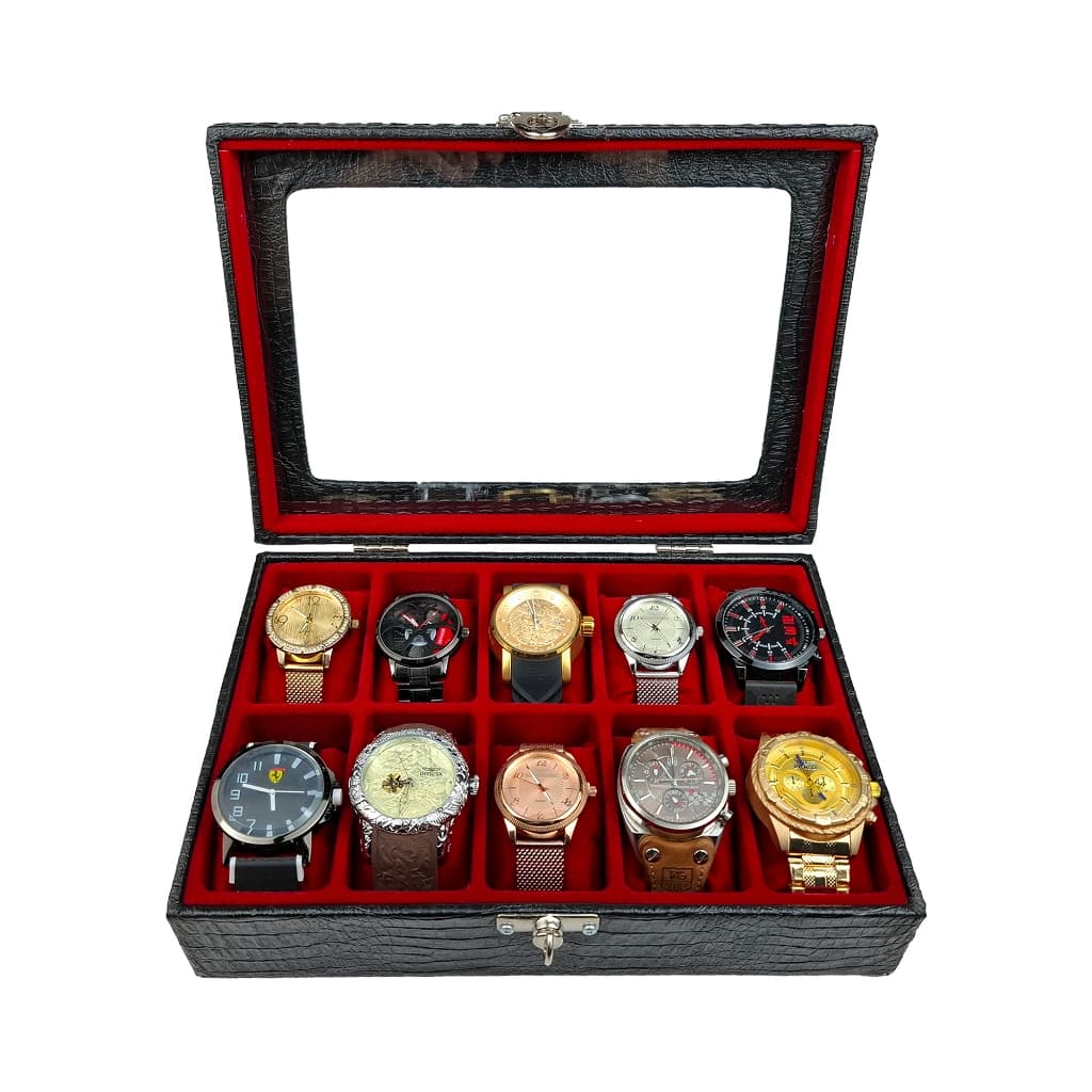 Estojo Maleta Para 10 Relógios Com Vidro cor Preto Com Interno Aveludado VERMELHO