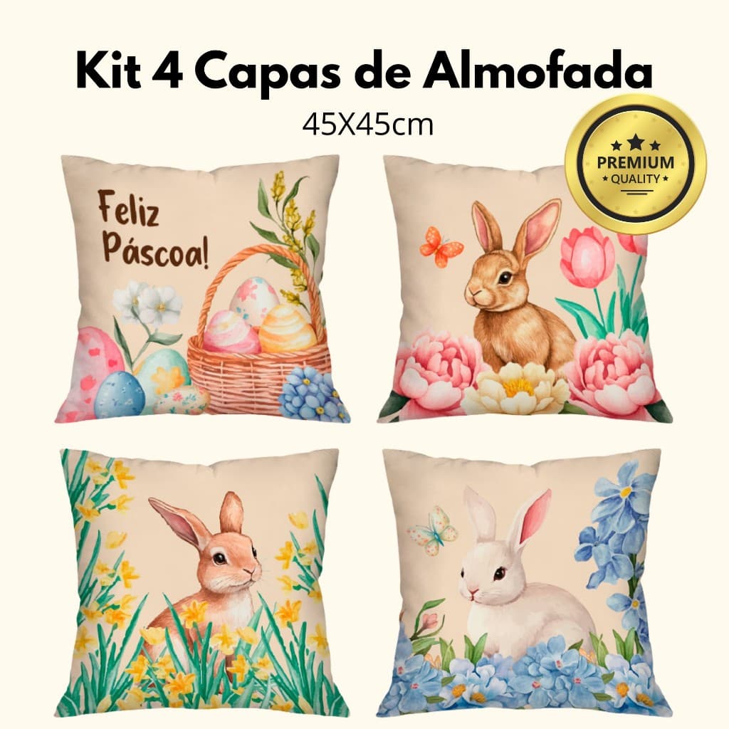Kit com 4 Capas de Almofada Decorativas Pascoais 45x45cm Páscoa Coelha Flower