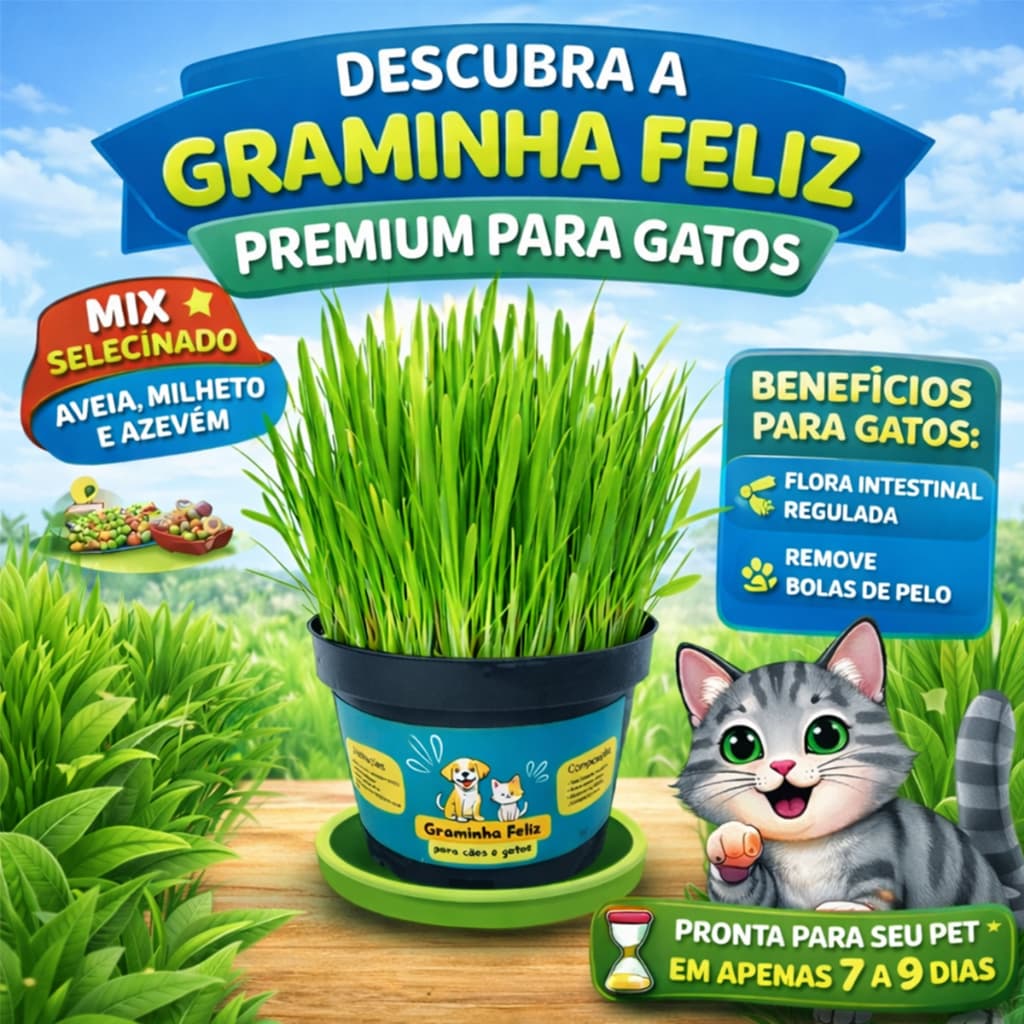 Graminha para Gatos e Cães Capim Petisco Anti Bola de Pelo Ajuda Digestão Natural Pet