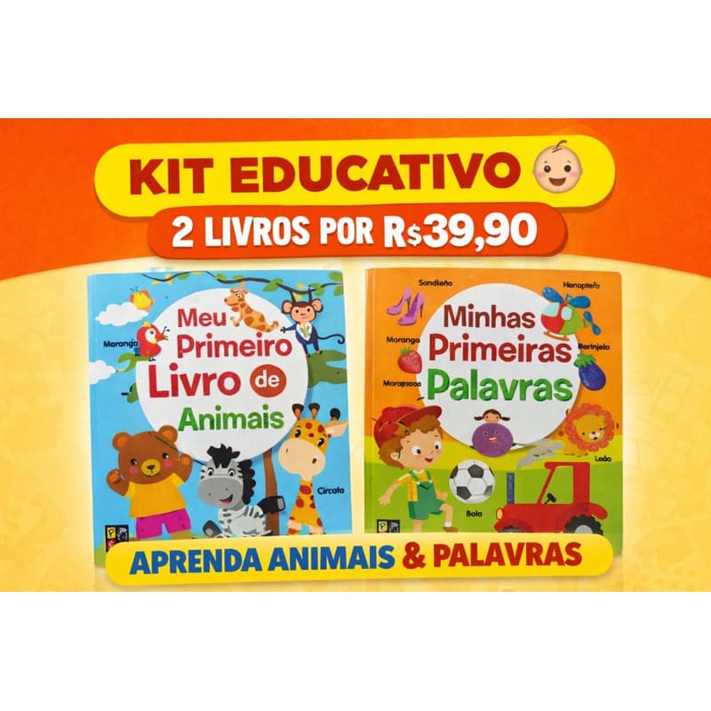 Kit 2 Livros Infantil Educativo Primeiras Palavras + Animais Criança 0 a 4 Anos